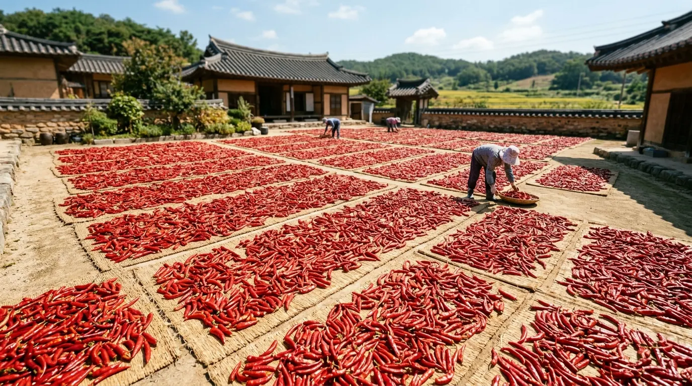 마당 멍석 가득 햇볕에 고추를 널어 말리는 전경